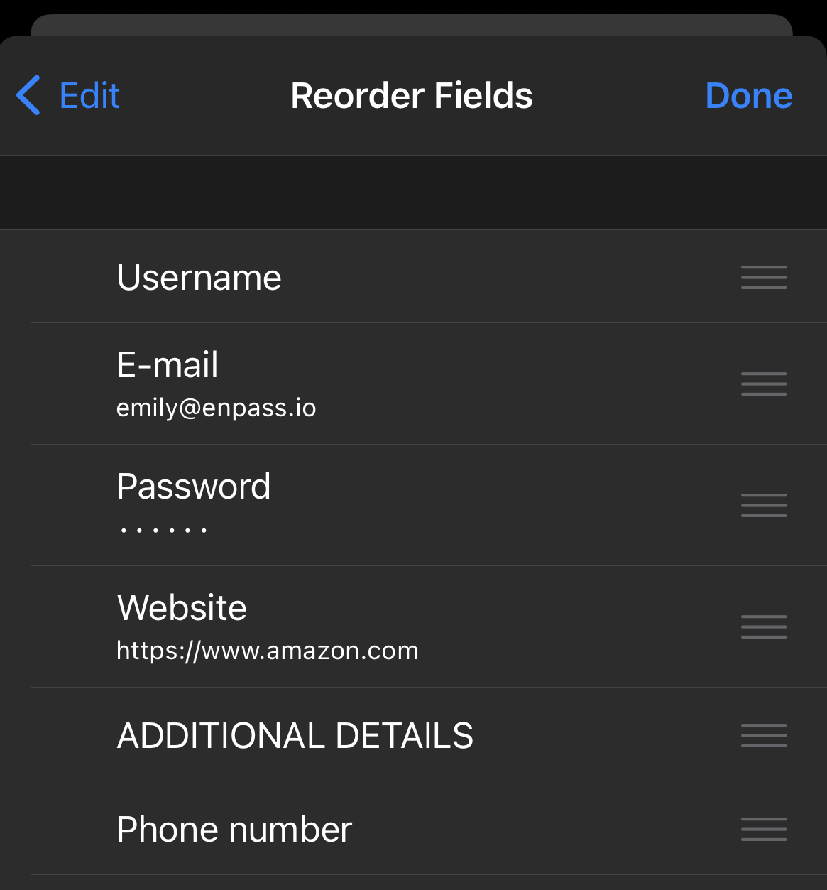 Reorder the fields in Enpass Item on iOS device